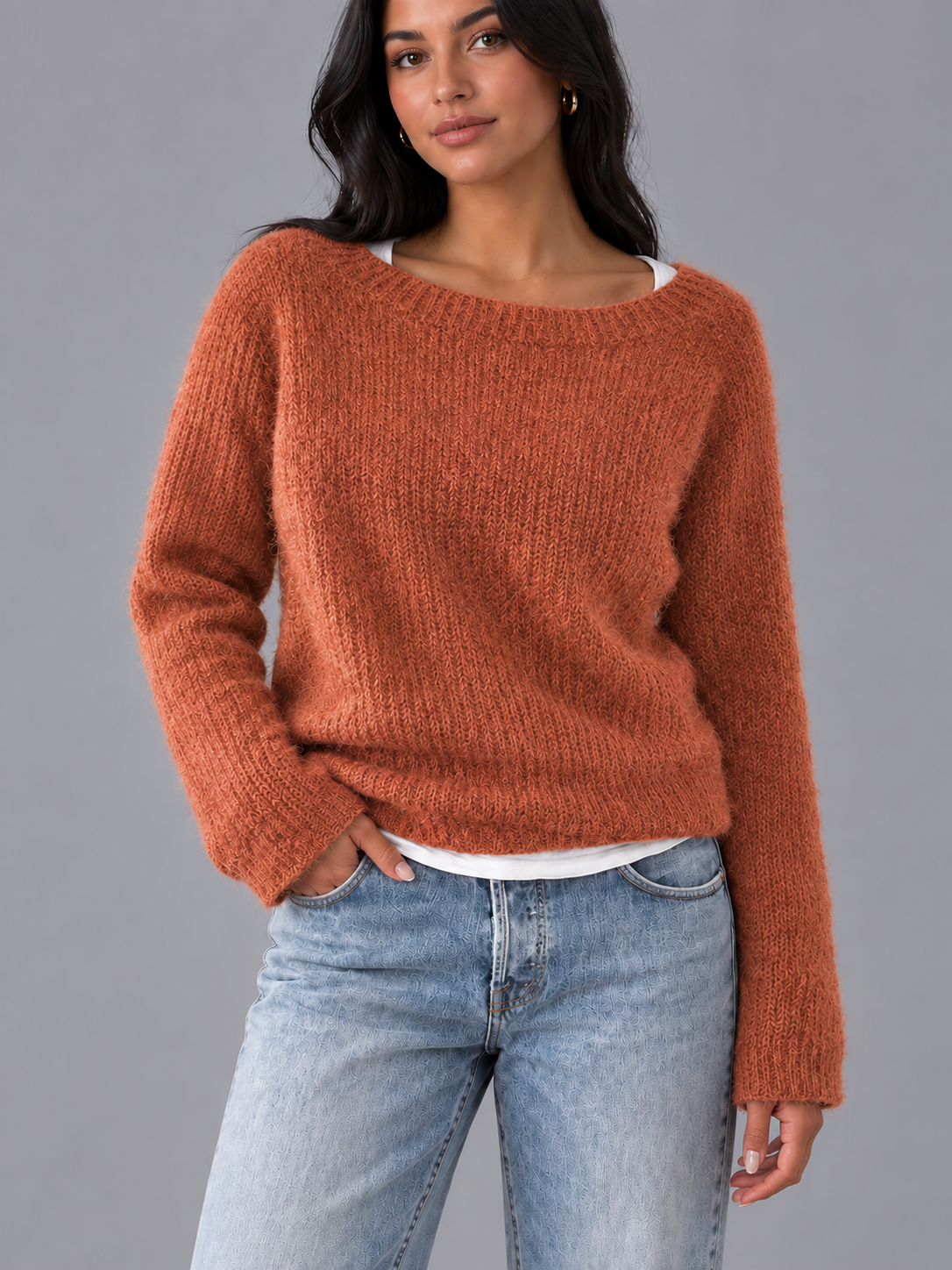 Women's Boat Neck Jumper - Relaxed Fit Textured Knit Long Sleeve