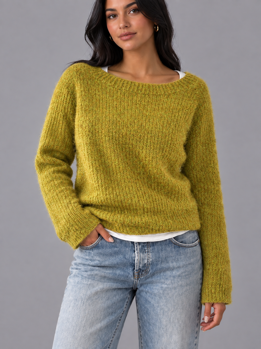 Women's Boat Neck Jumper - Relaxed Fit Textured Knit Long Sleeve