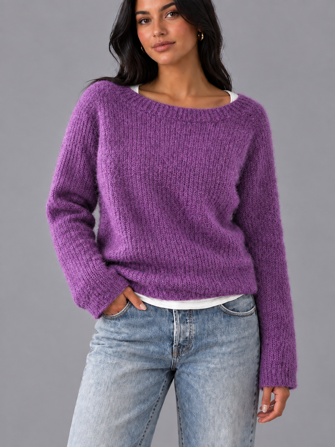 Women's Boat Neck Jumper - Relaxed Fit Textured Knit Long Sleeve