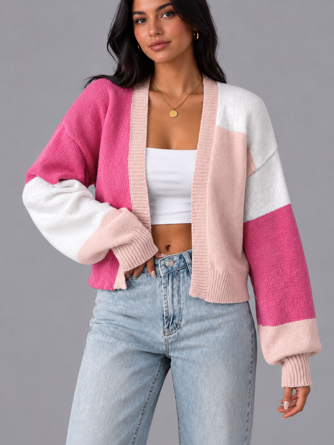 Women's Cardigan - Cropped Colour Block Open Front Ribbed Cuffs