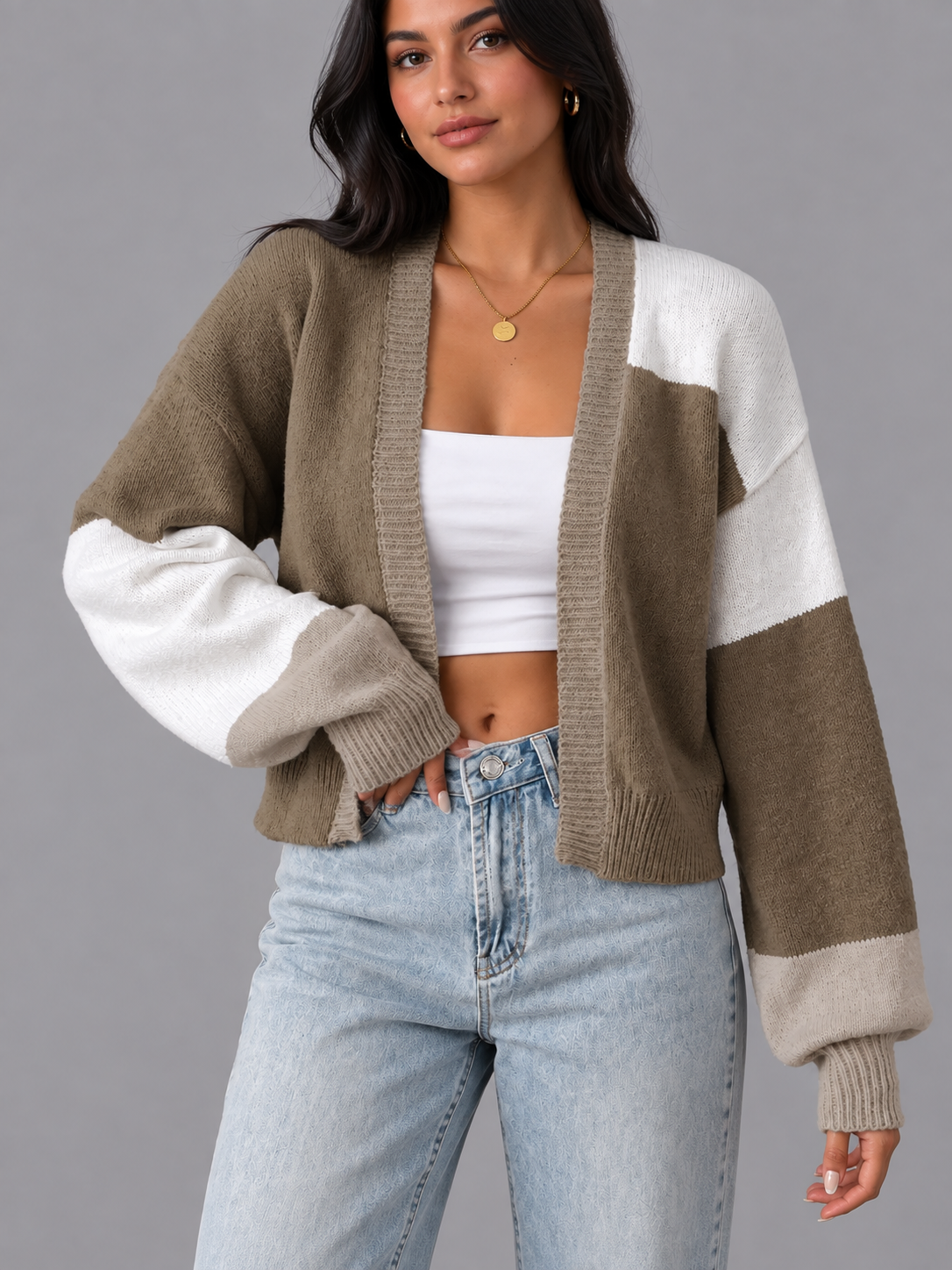 Women's Cardigan - Cropped Colour Block Open Front Ribbed Cuffs