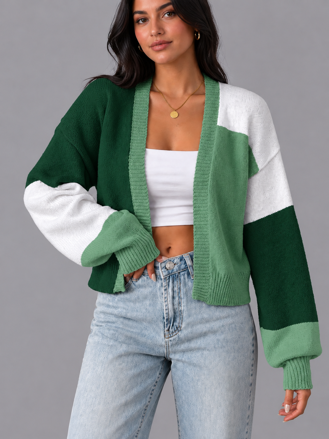 Women's Cardigan - Cropped Colour Block Open Front Ribbed Cuffs