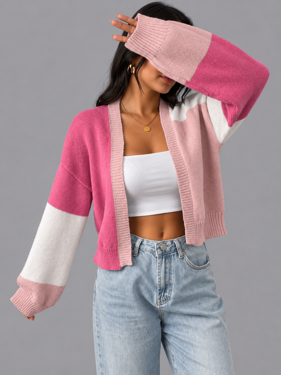 Women's Cardigan - Cropped Colour Block Open Front Ribbed Cuffs