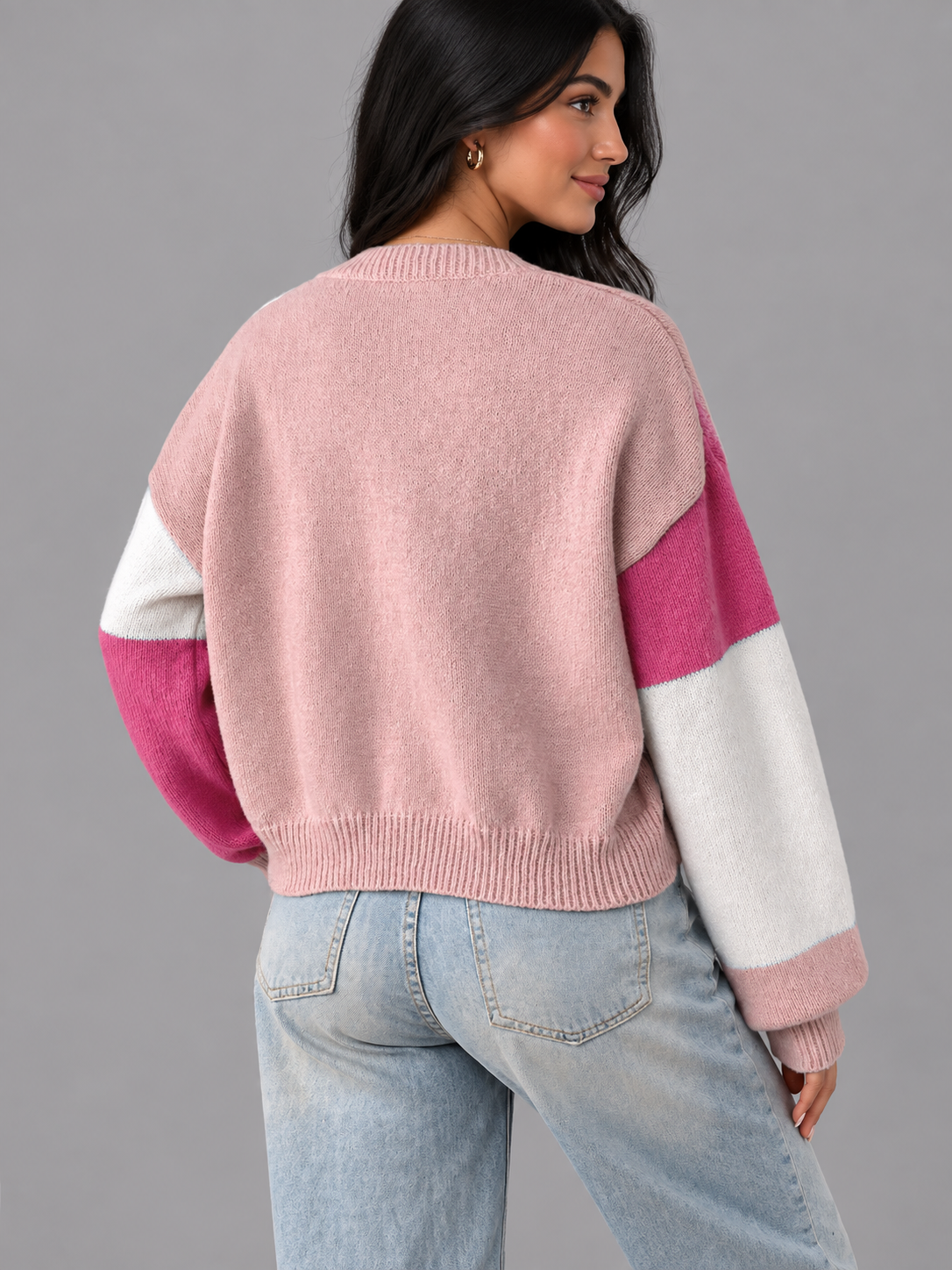 Women's Cardigan - Cropped Colour Block Open Front Ribbed Cuffs