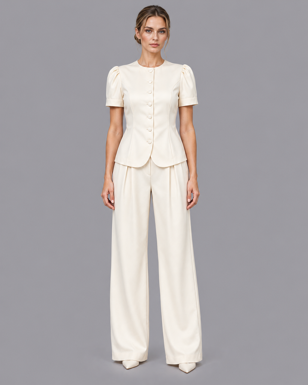 Women's Co Ord Set - Tailored Short Sleeve Blazer Wide Leg Trousers