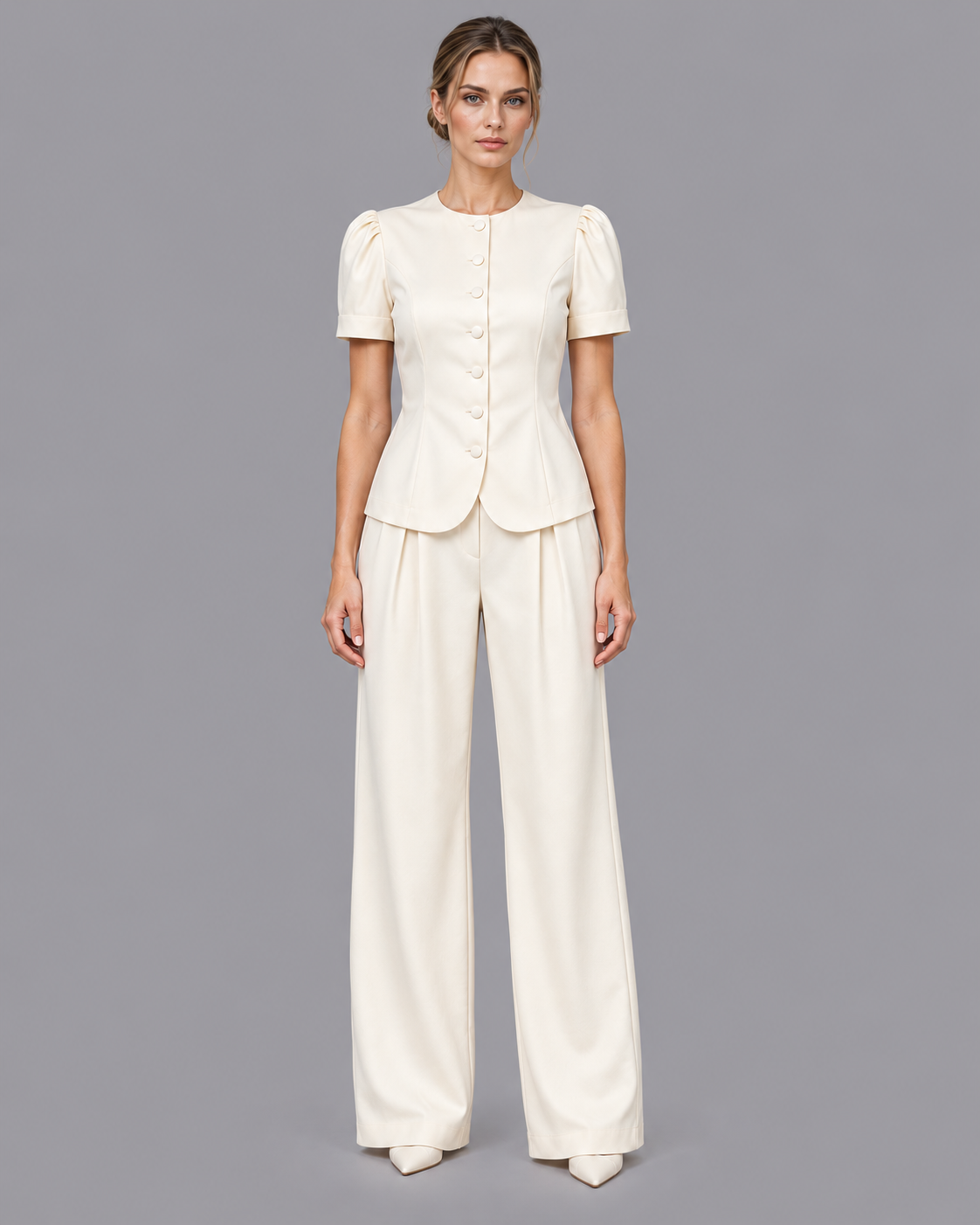 Women's Co Ord Set - Tailored Short Sleeve Blazer Wide Leg Trousers