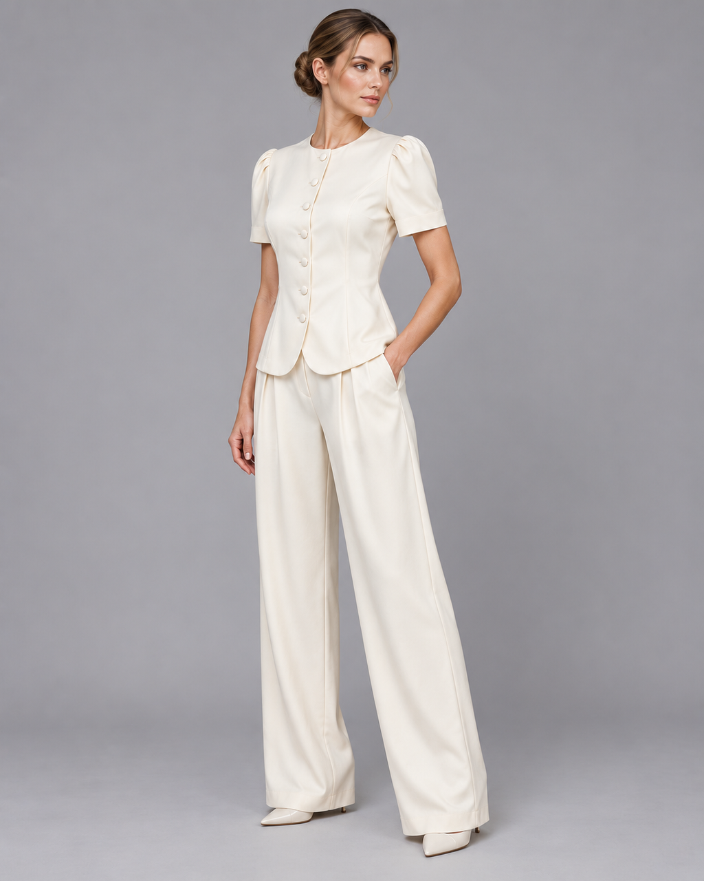 Women's Co Ord Set - Tailored Short Sleeve Blazer Wide Leg Trousers