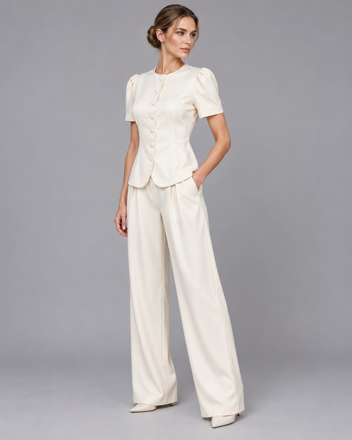 Women's Co Ord Set - Tailored Short Sleeve Blazer Wide Leg Trousers