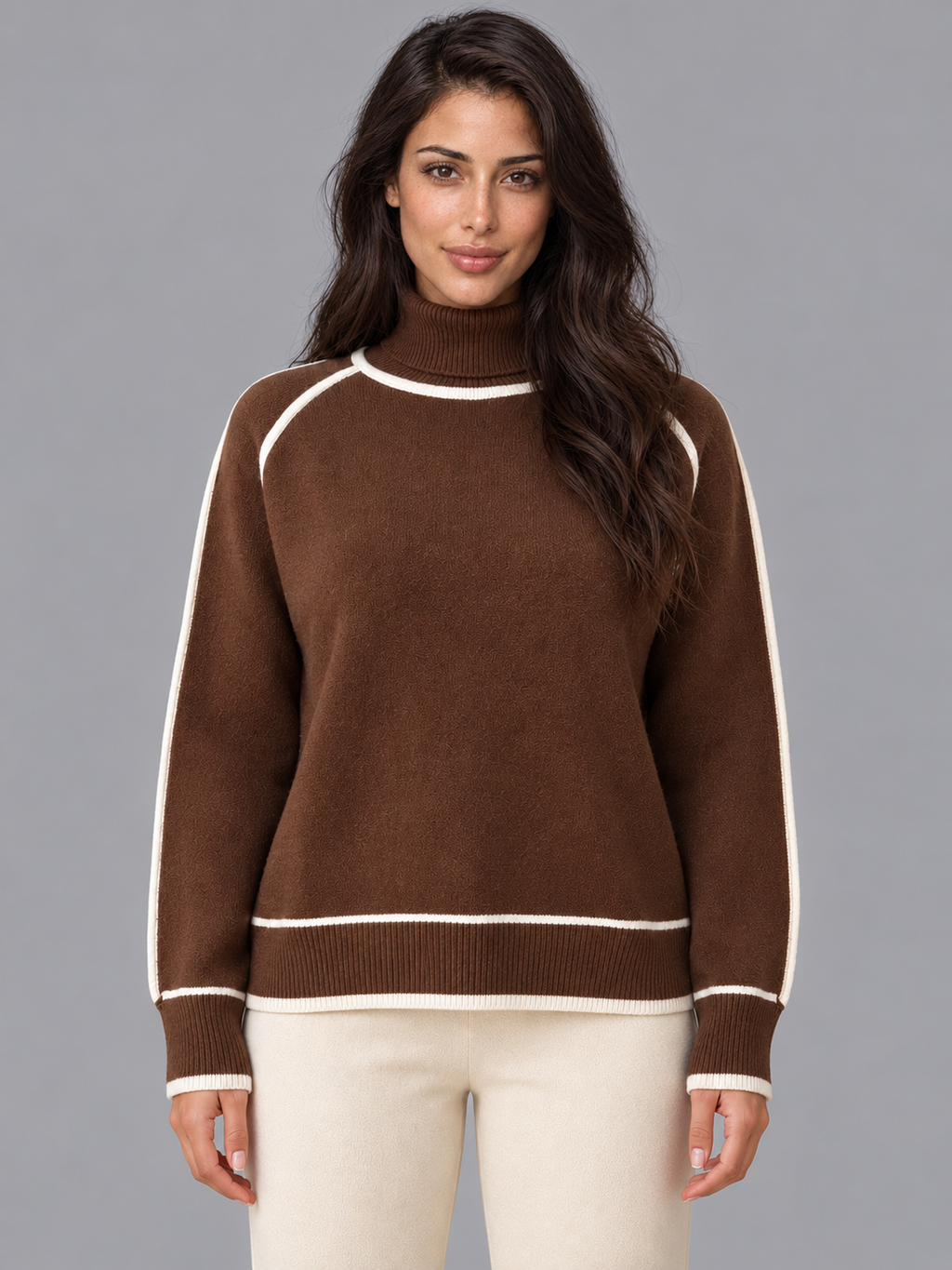 Women's Roll Neck Jumper - Contrast Trim Relaxed Ribbed