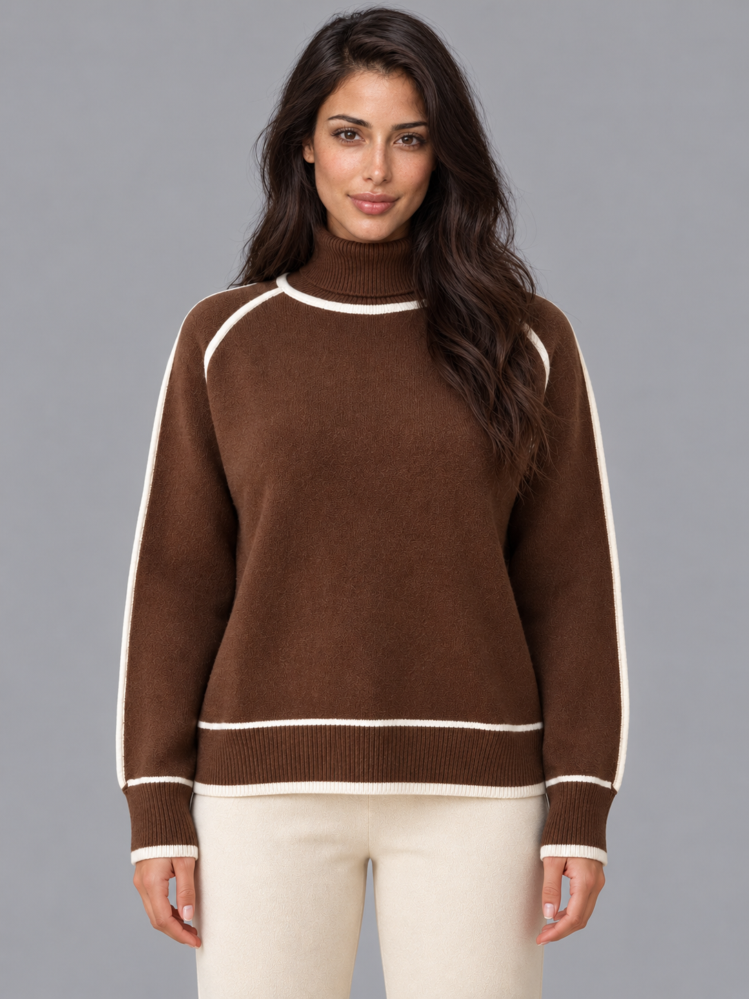 Women's Roll Neck Jumper - Contrast Trim Relaxed Ribbed