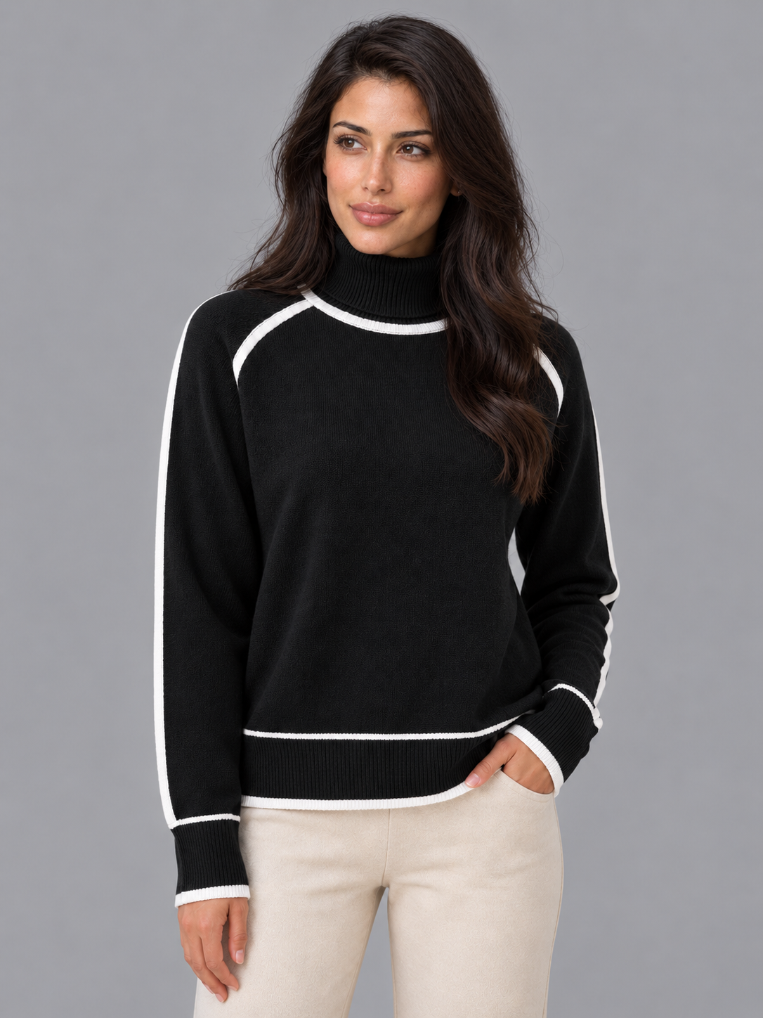 Women's Roll Neck Jumper - Contrast Trim Relaxed Ribbed