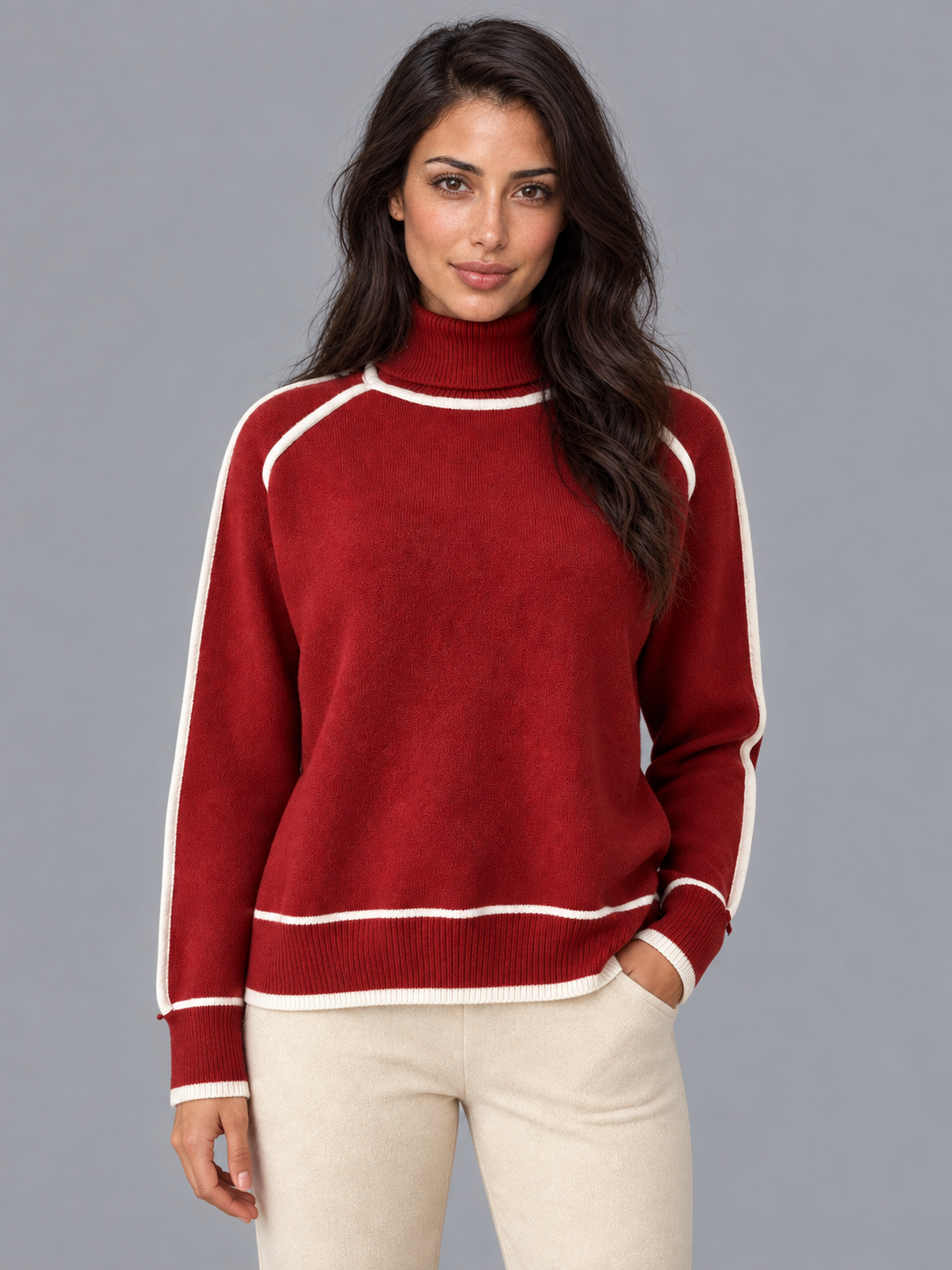 Women's Roll Neck Jumper - Contrast Trim Relaxed Ribbed