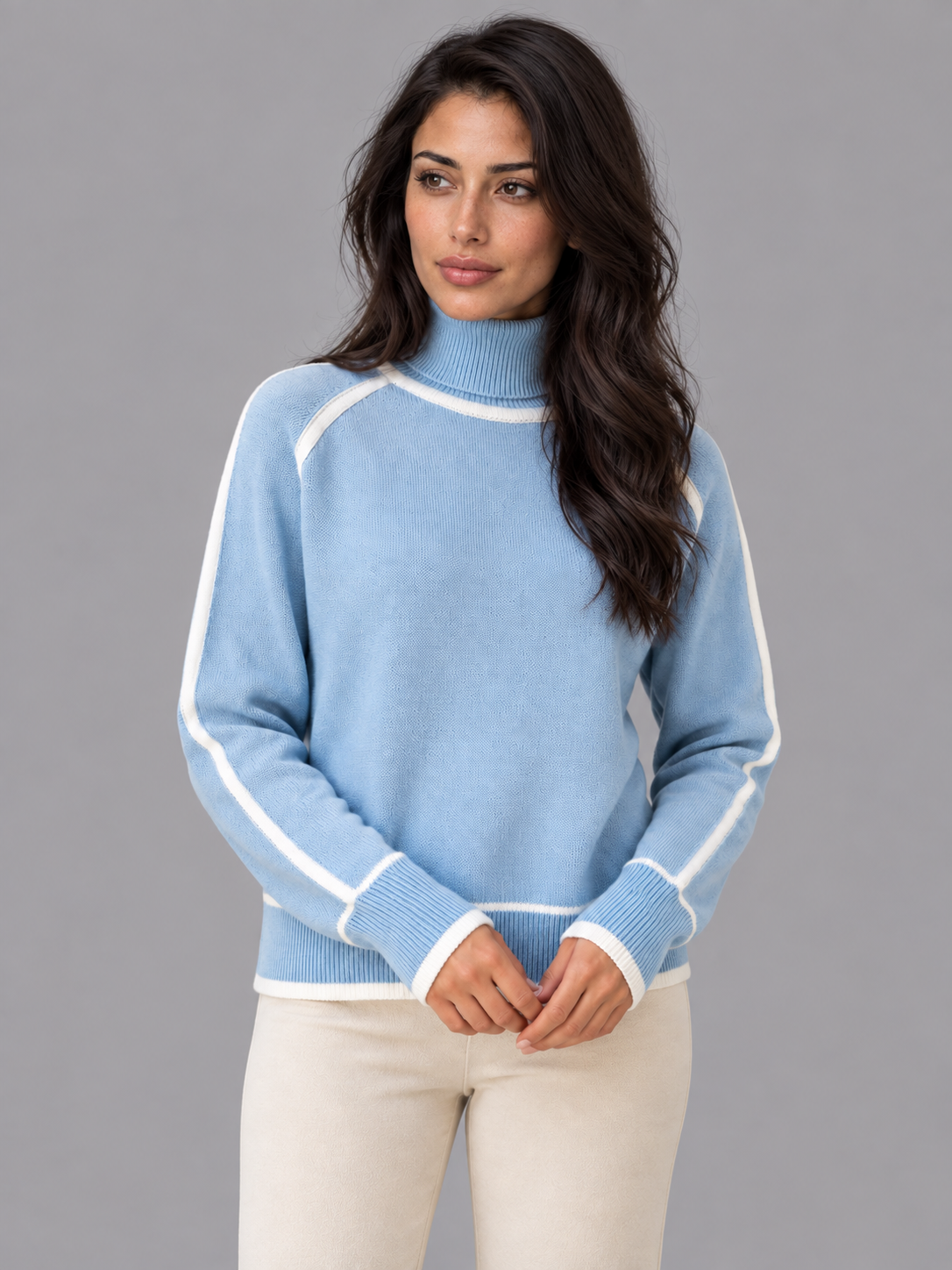 Women's Roll Neck Jumper - Contrast Trim Relaxed Ribbed
