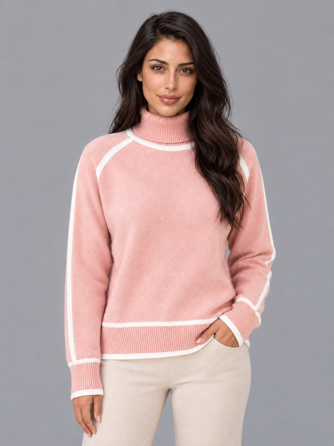Women's Roll Neck Jumper - Contrast Trim Relaxed Ribbed