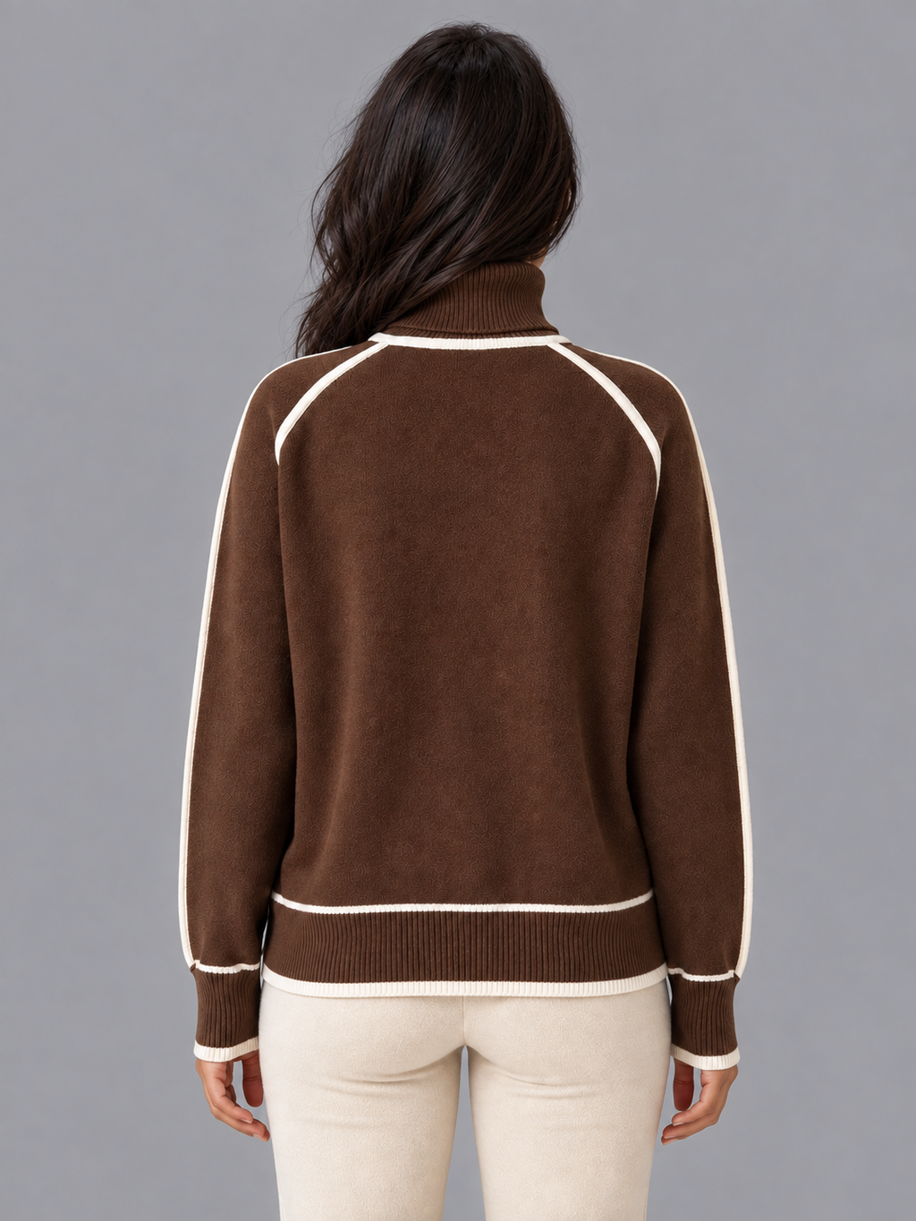 Women's Roll Neck Jumper - Contrast Trim Relaxed Ribbed