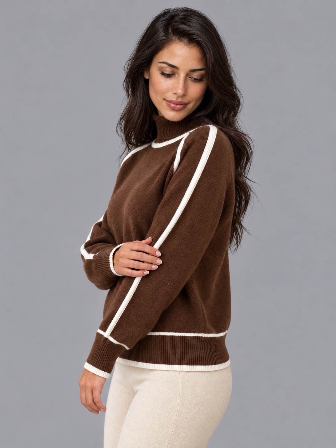 Women's Roll Neck Jumper - Contrast Trim Relaxed Ribbed