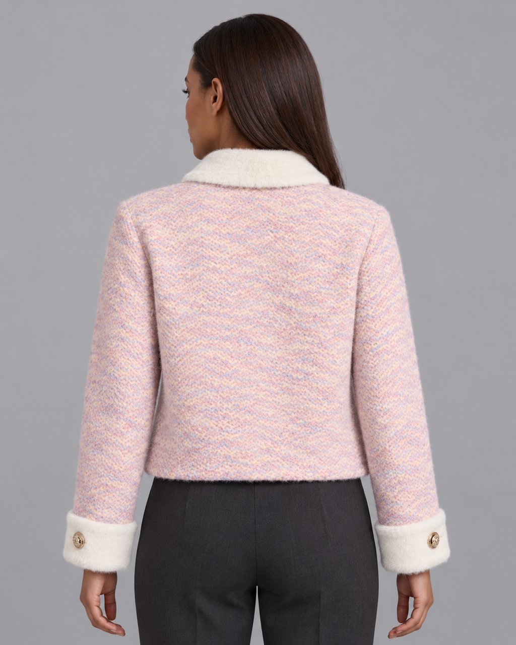 Women's Cropped Cardigan - Fluffy Knit Contrast Collar Gold Buttons