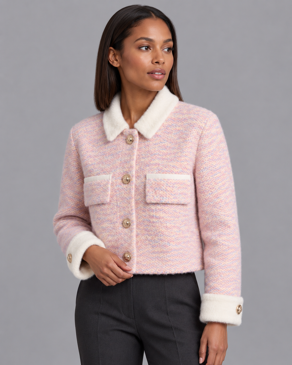 Women's Cropped Cardigan - Fluffy Knit Contrast Collar Gold Buttons