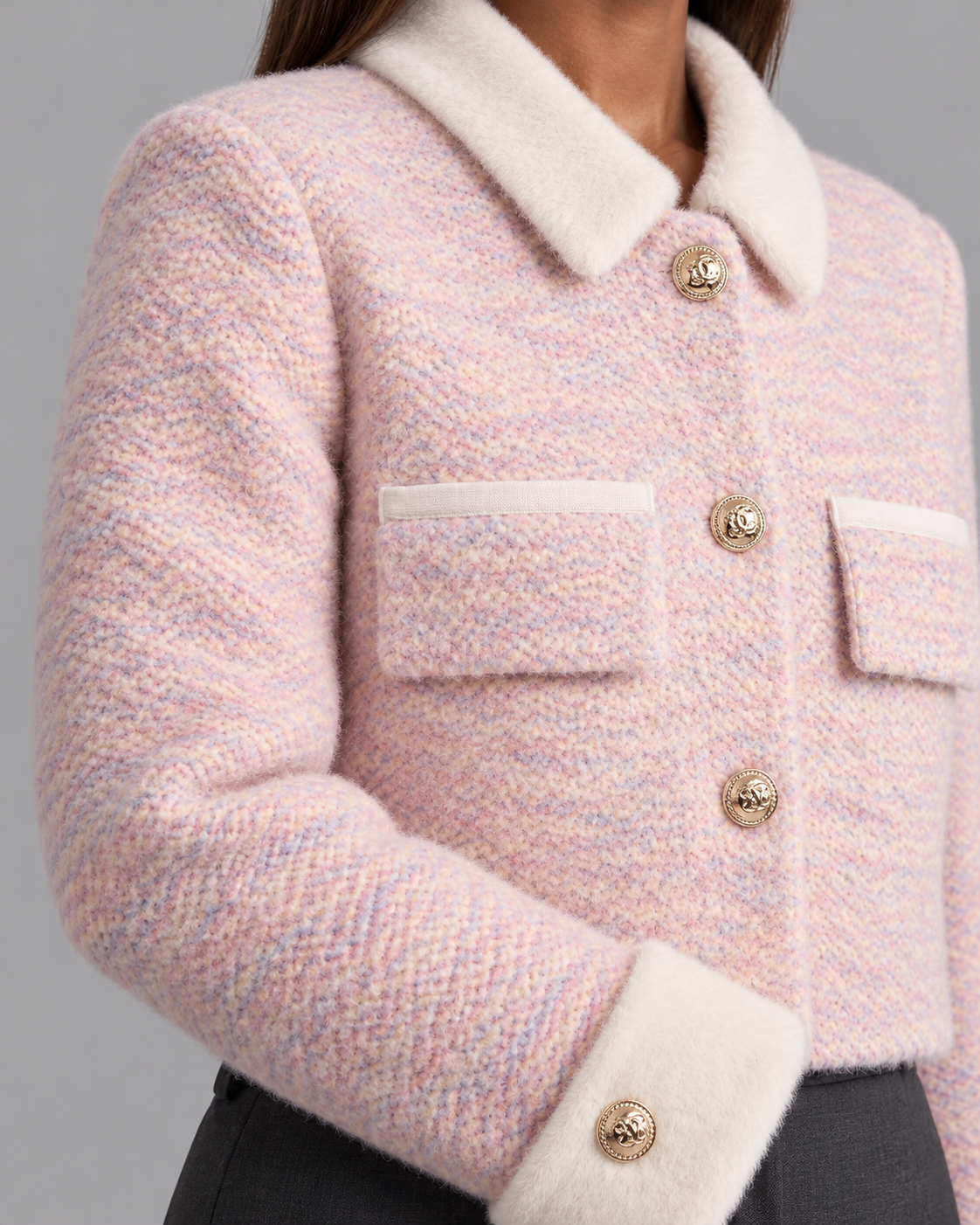 Women's Cropped Cardigan - Fluffy Knit Contrast Collar Gold Buttons