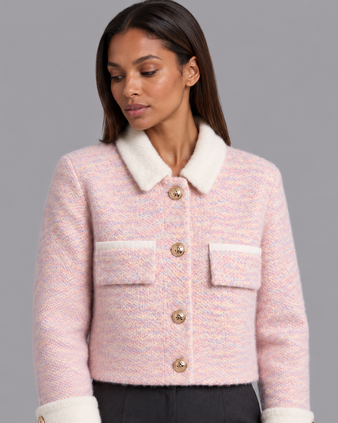 Women's Cropped Cardigan - Fluffy Knit Contrast Collar Gold Buttons