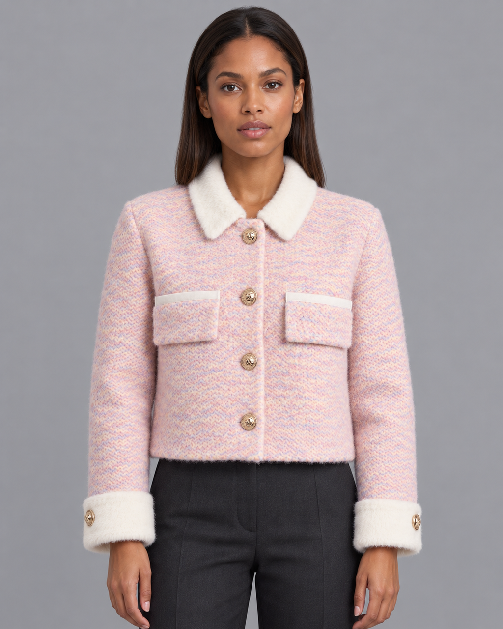 Women's Cropped Cardigan - Fluffy Knit Contrast Collar Gold Buttons