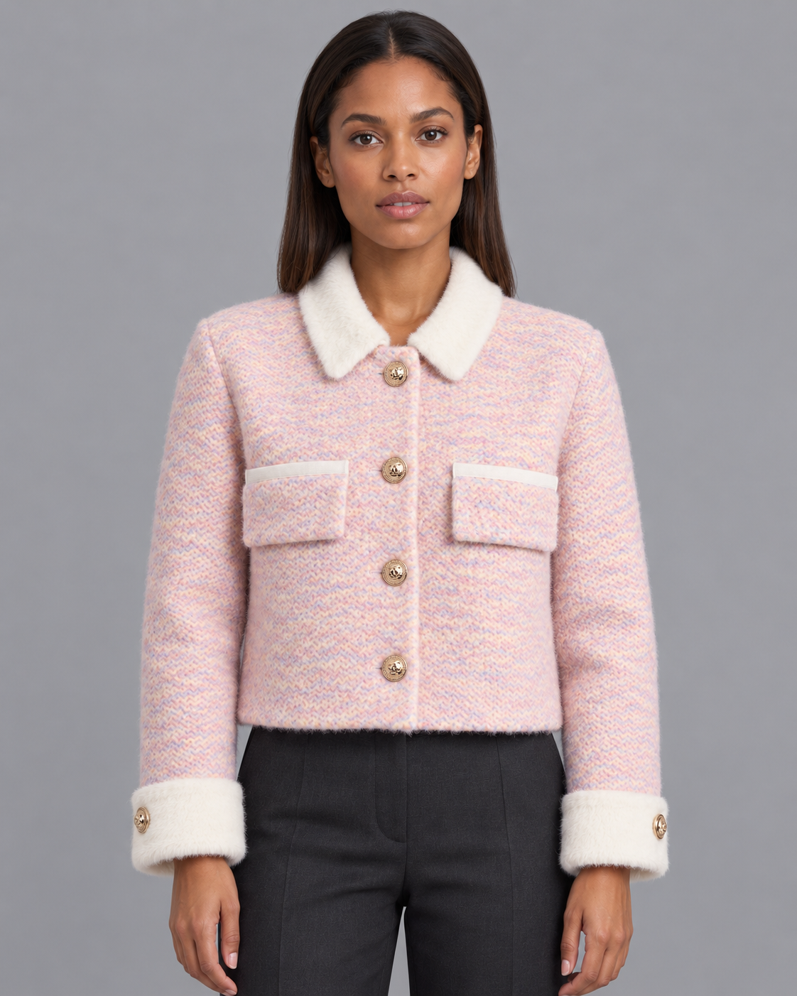 Women's Cropped Cardigan - Fluffy Knit Contrast Collar Gold Buttons