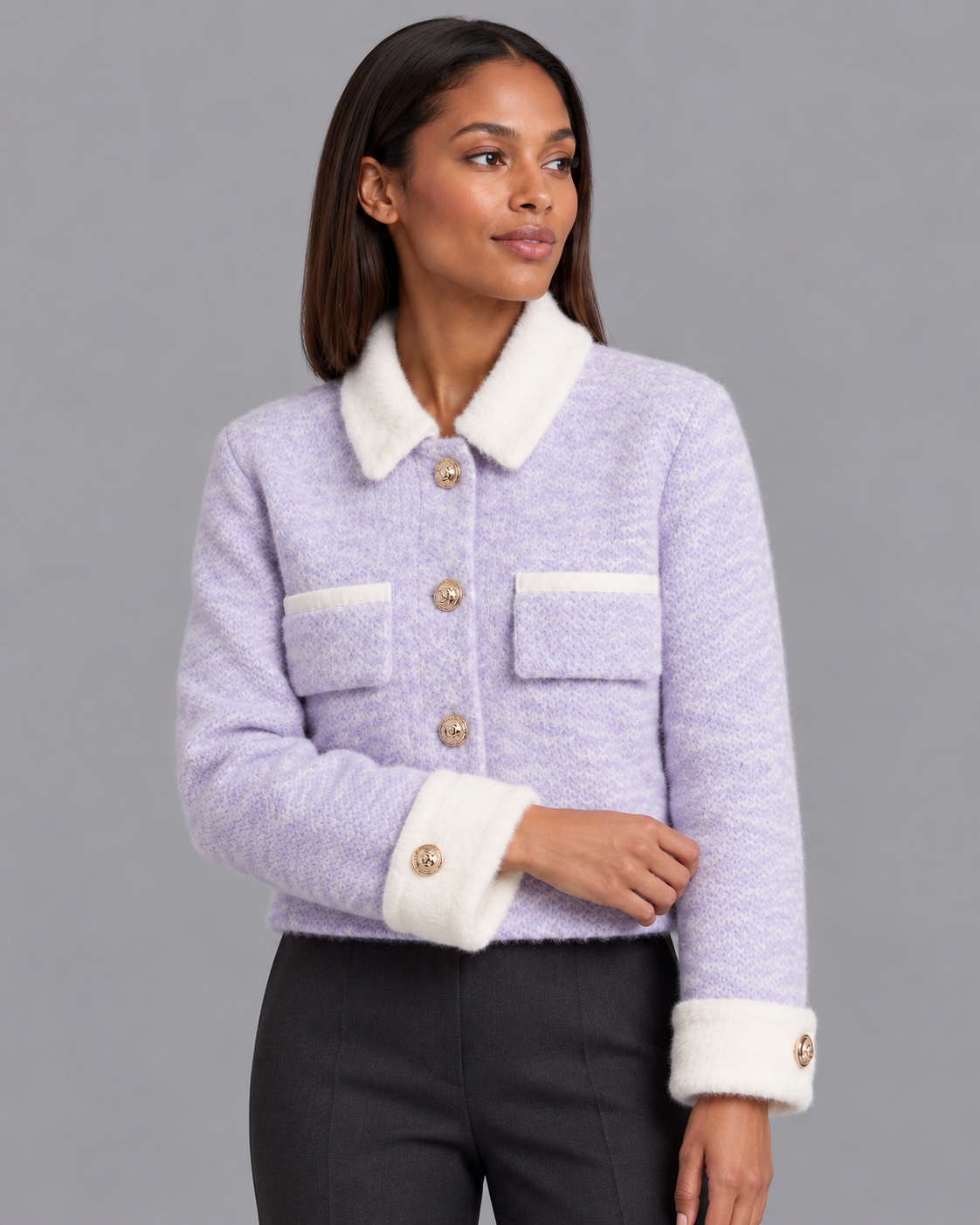 Women's Cropped Cardigan - Fluffy Knit Contrast Collar Gold Buttons
