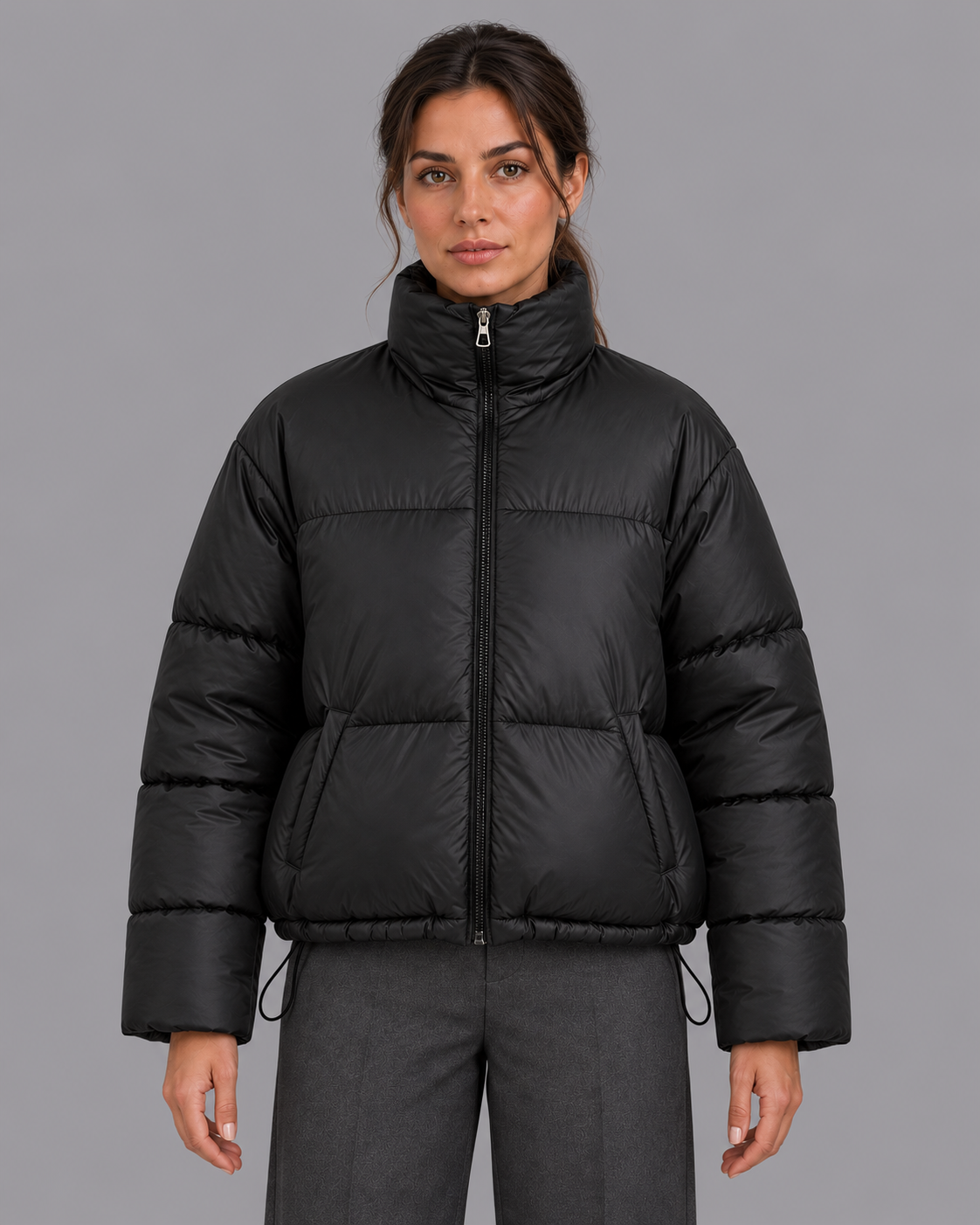 Women's Cropped Quilted Puffer Jacket - High Collar Drawcord Hem