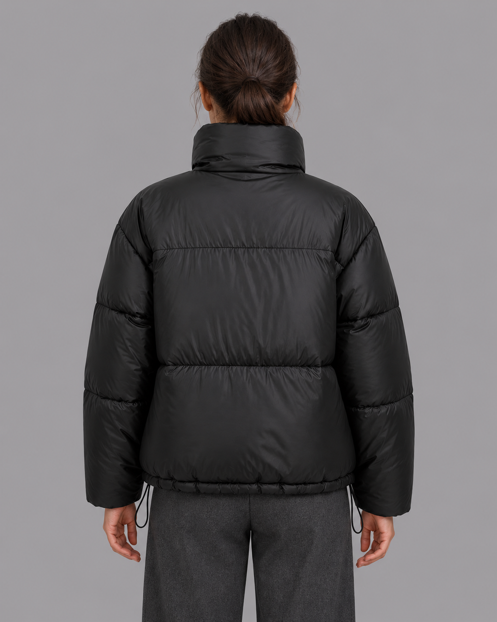 Women's Cropped Quilted Puffer Jacket - High Collar Drawcord Hem