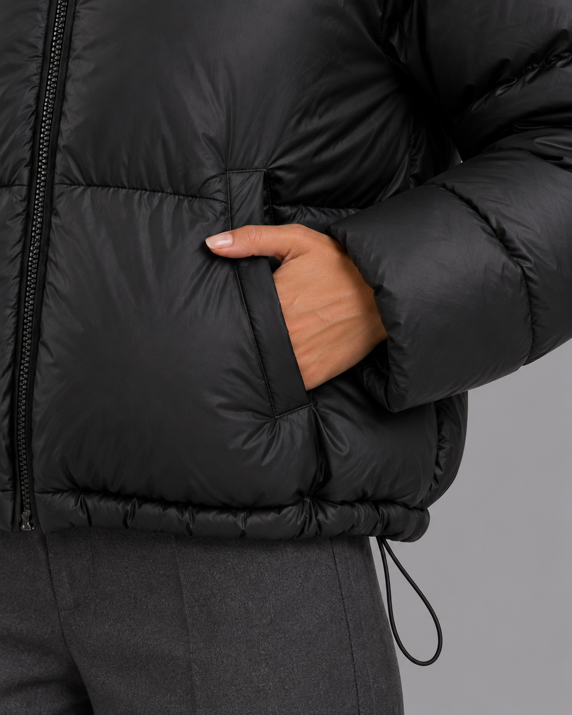 Women's Cropped Quilted Puffer Jacket - High Collar Drawcord Hem