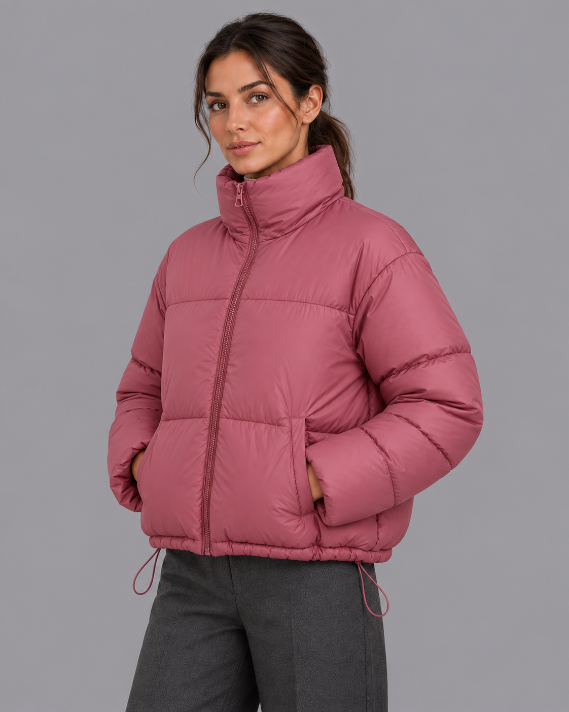 Women's Cropped Quilted Puffer Jacket - High Collar Drawcord Hem