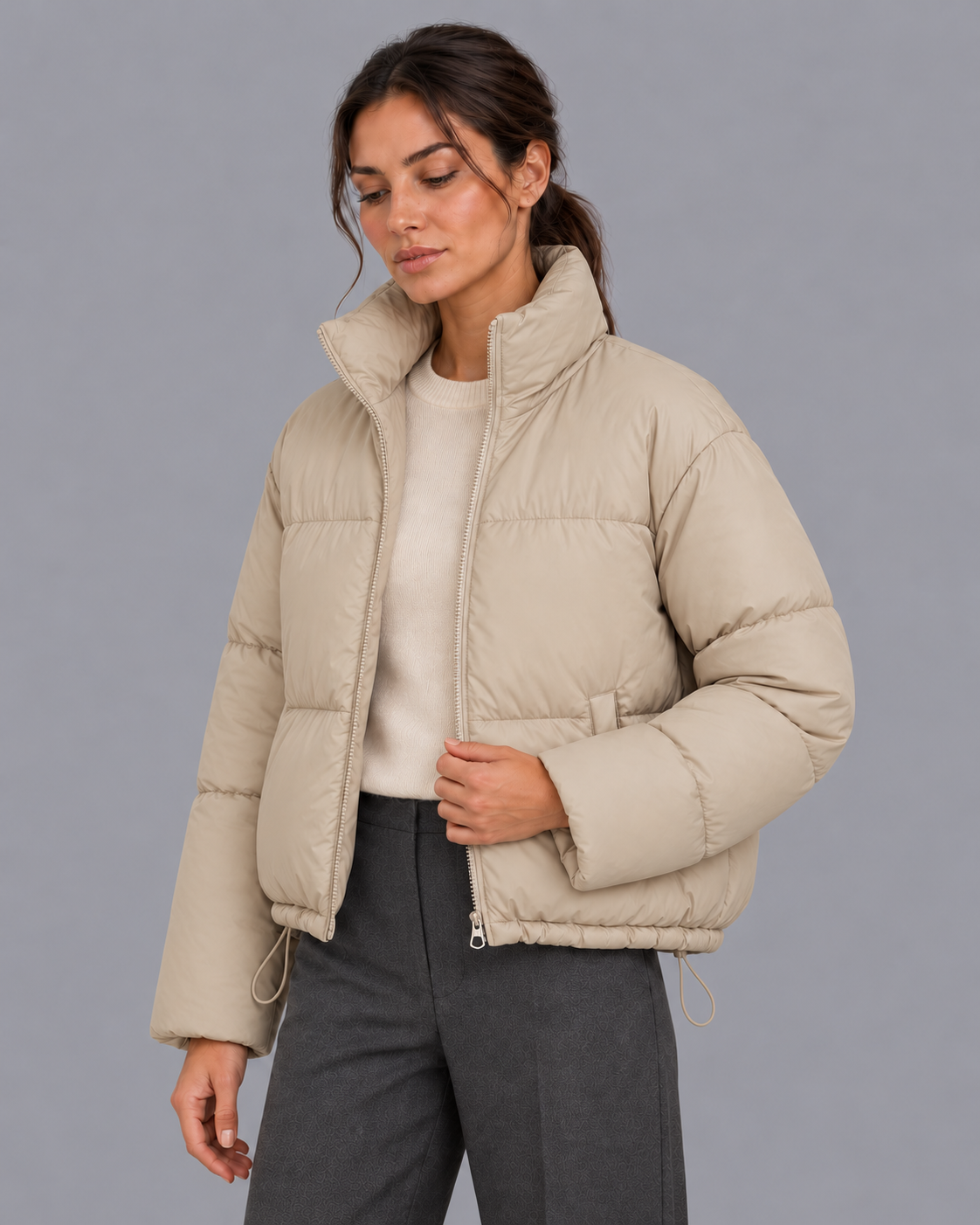 Women's Cropped Quilted Puffer Jacket - High Collar Drawcord Hem