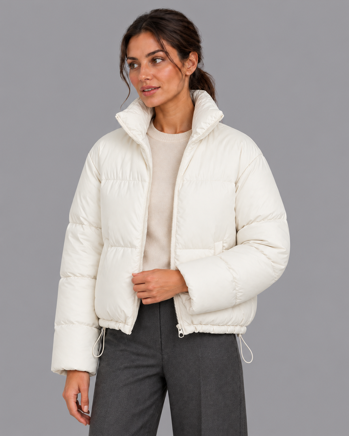 Women's Cropped Quilted Puffer Jacket - High Collar Drawcord Hem