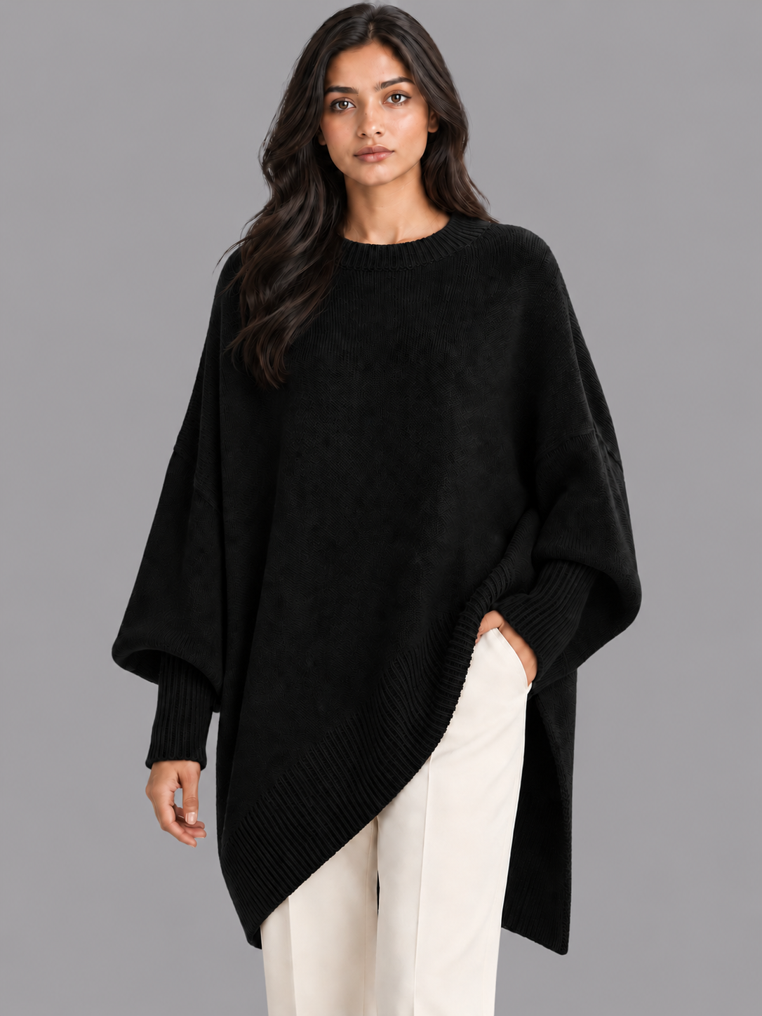 Women's Oversized Jumper - Draped Asymmetric Hem Ribbed