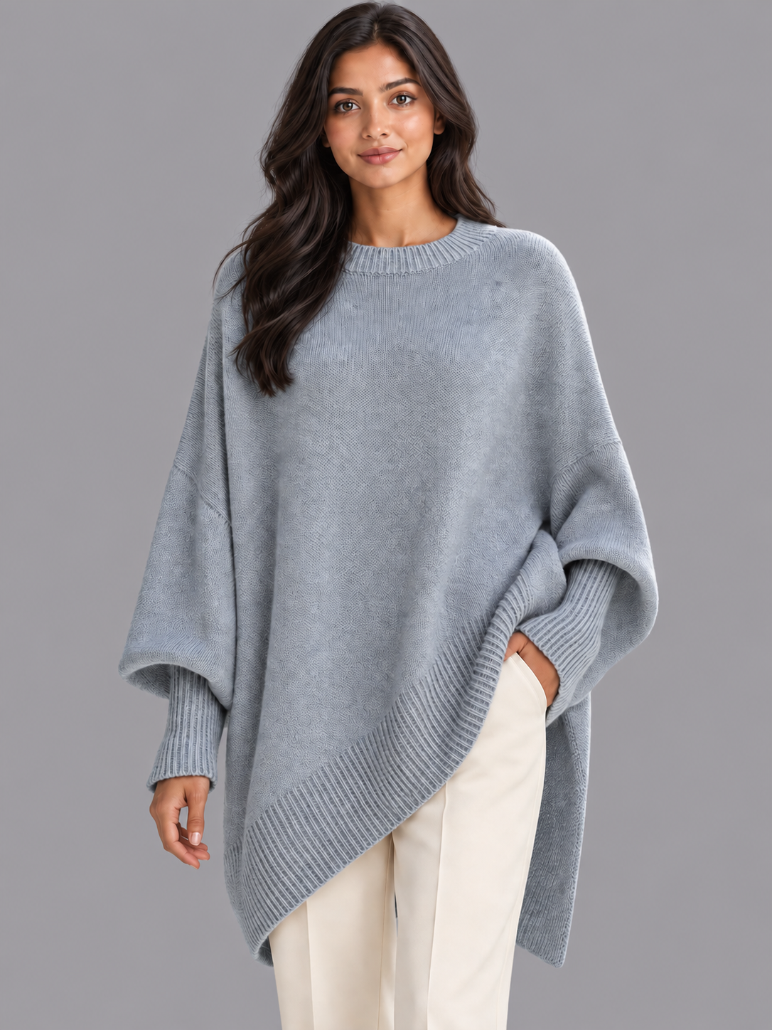 Women's Oversized Jumper - Draped Asymmetric Hem Ribbed