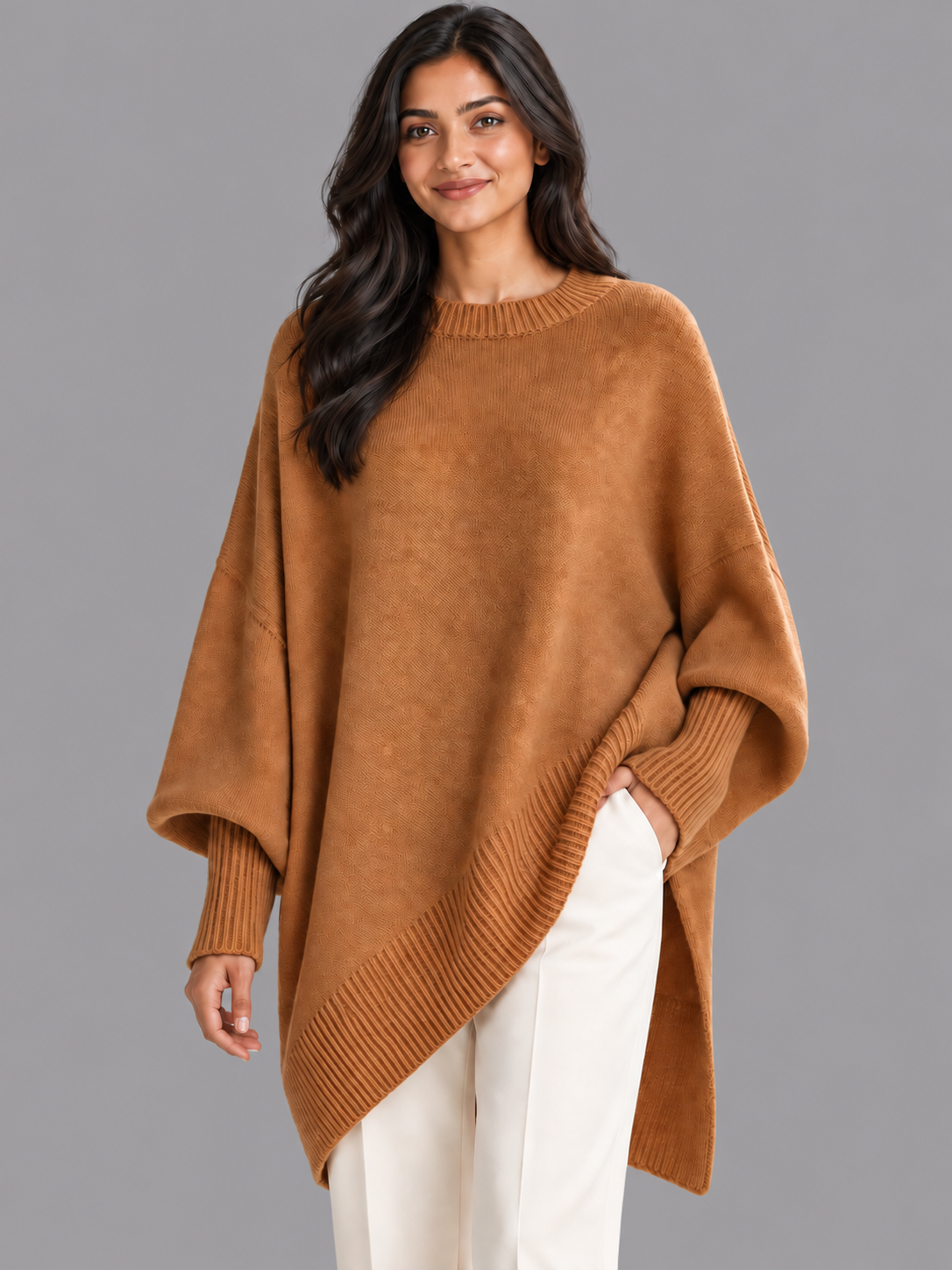 Women's Oversized Jumper - Draped Asymmetric Hem Ribbed