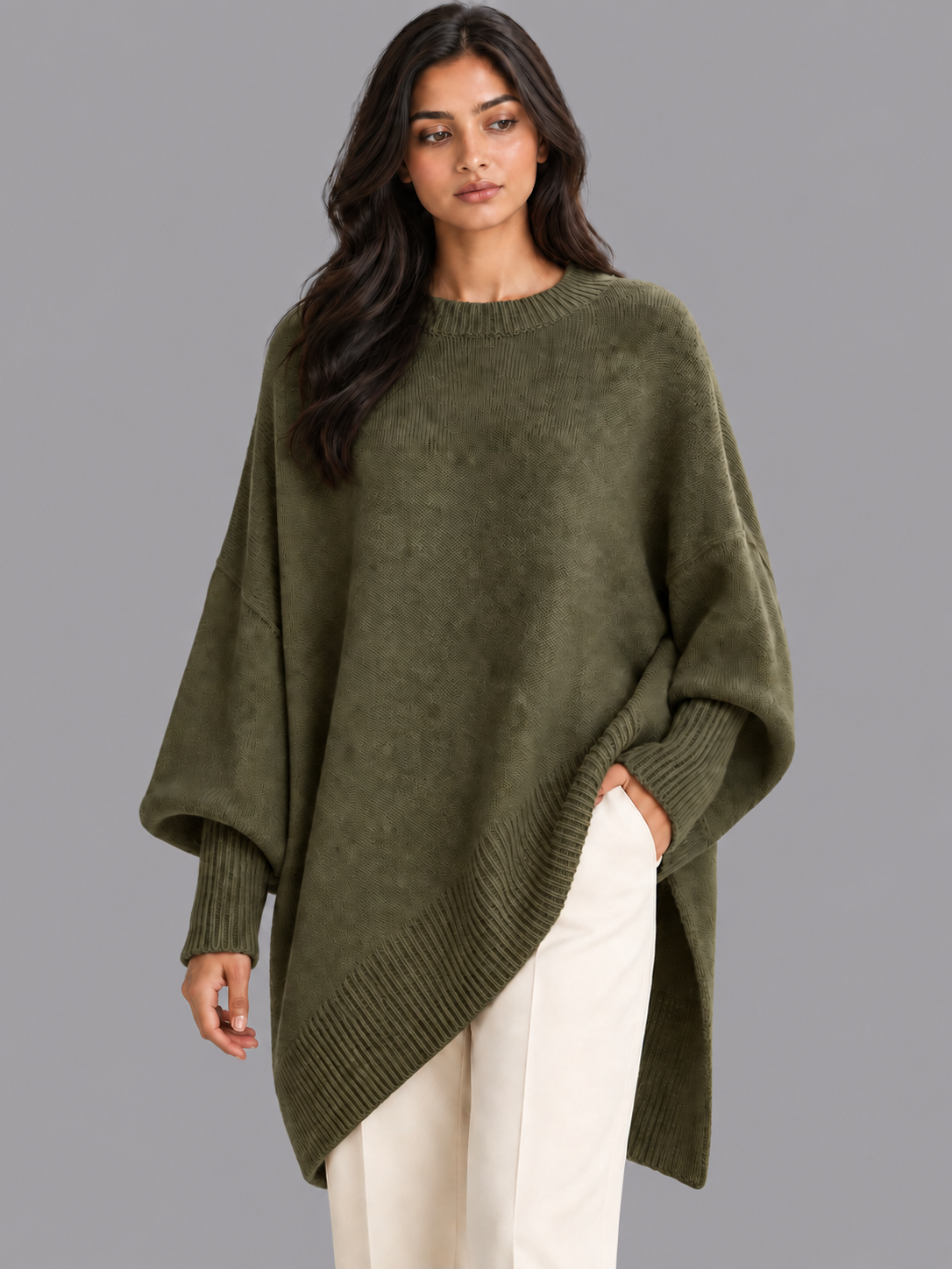Women's Oversized Jumper - Draped Asymmetric Hem Ribbed