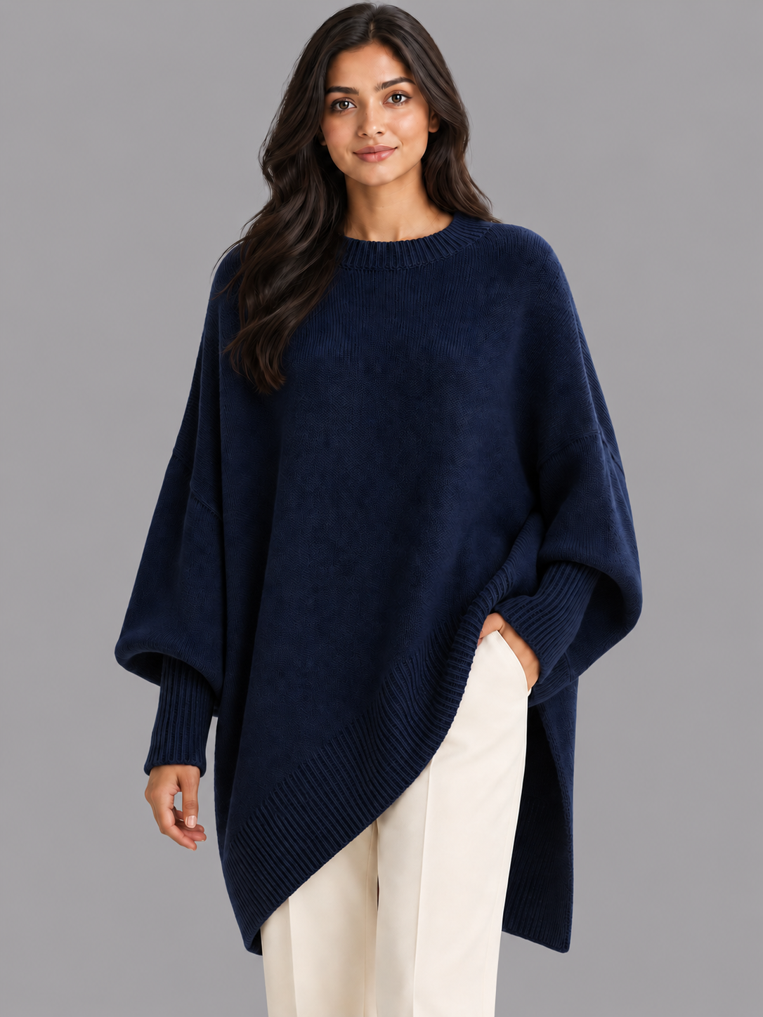 Women's Oversized Jumper - Draped Asymmetric Hem Ribbed