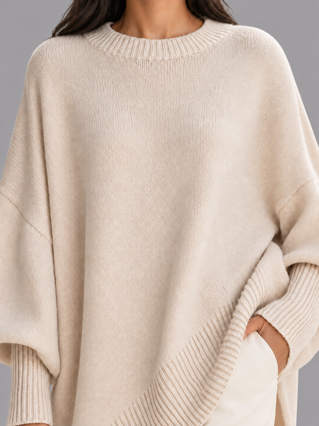 Women's Oversized Jumper - Draped Asymmetric Hem Ribbed