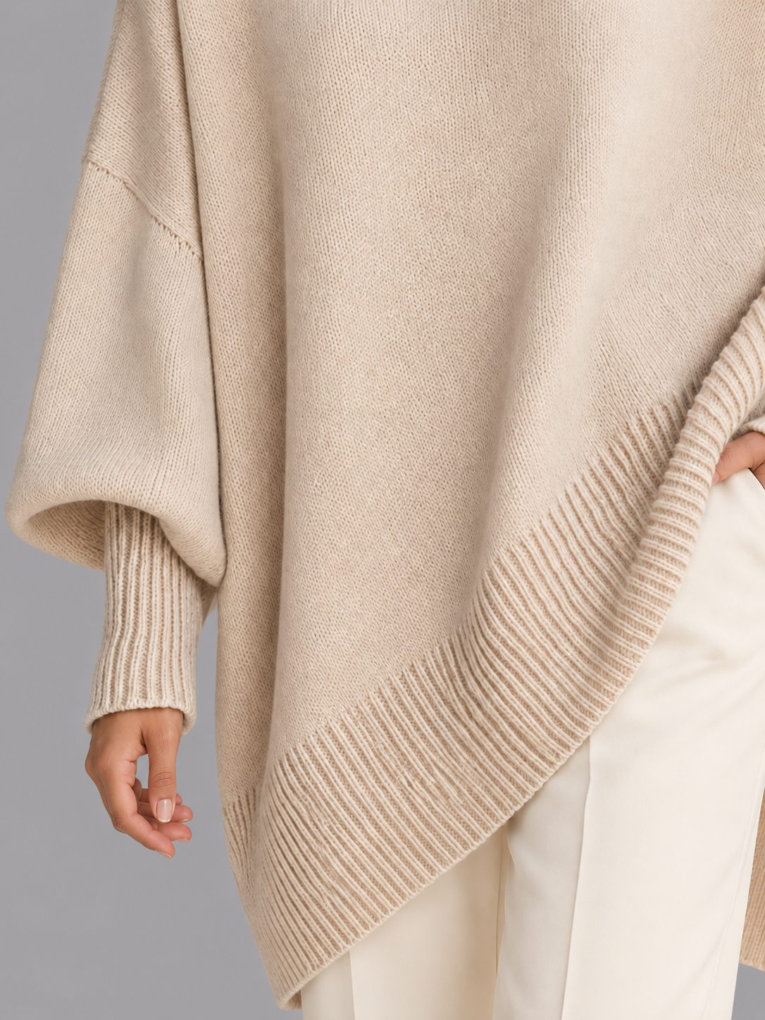 Women's Oversized Jumper - Draped Asymmetric Hem Ribbed