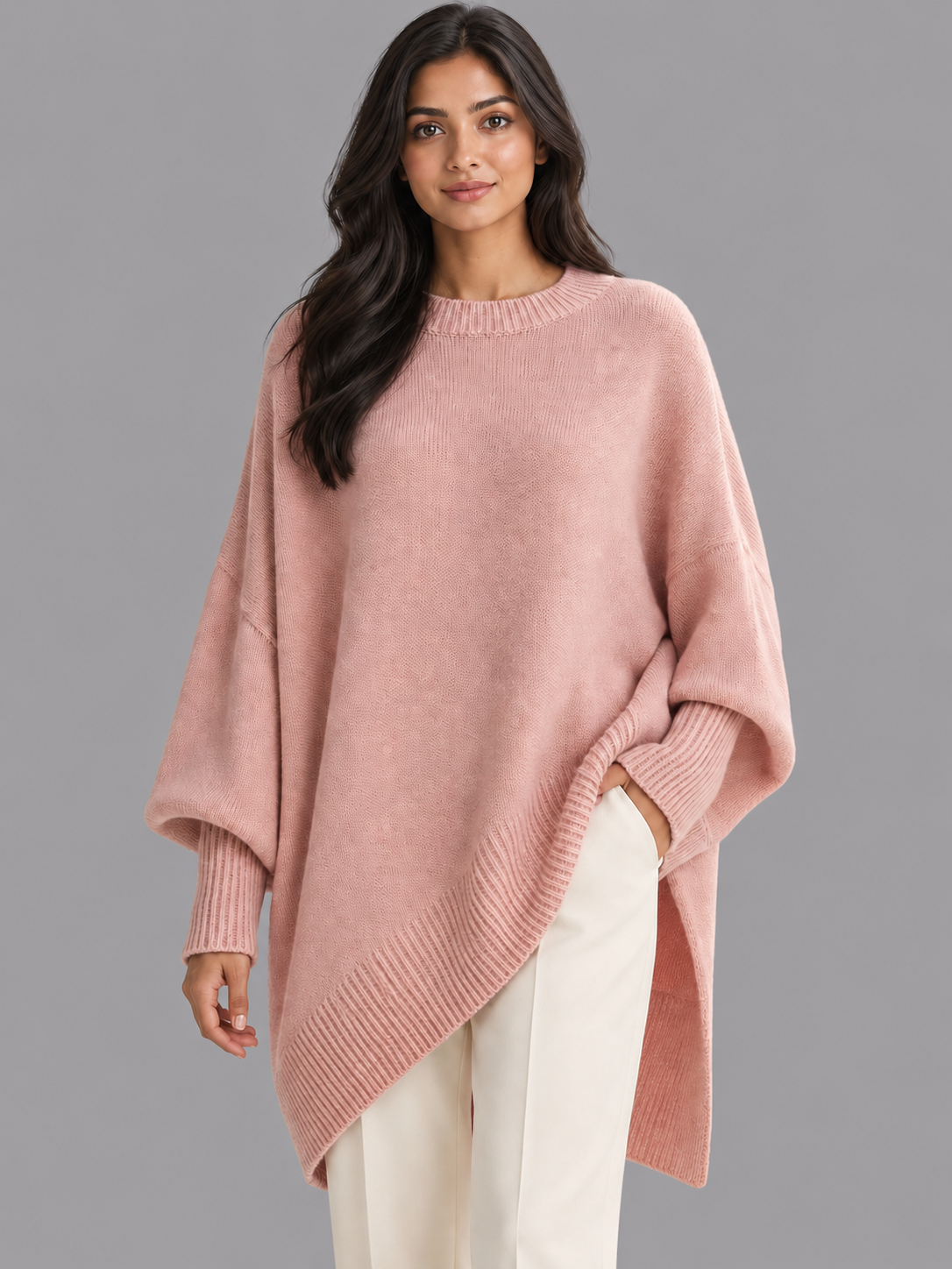 Women's Oversized Jumper - Draped Asymmetric Hem Ribbed