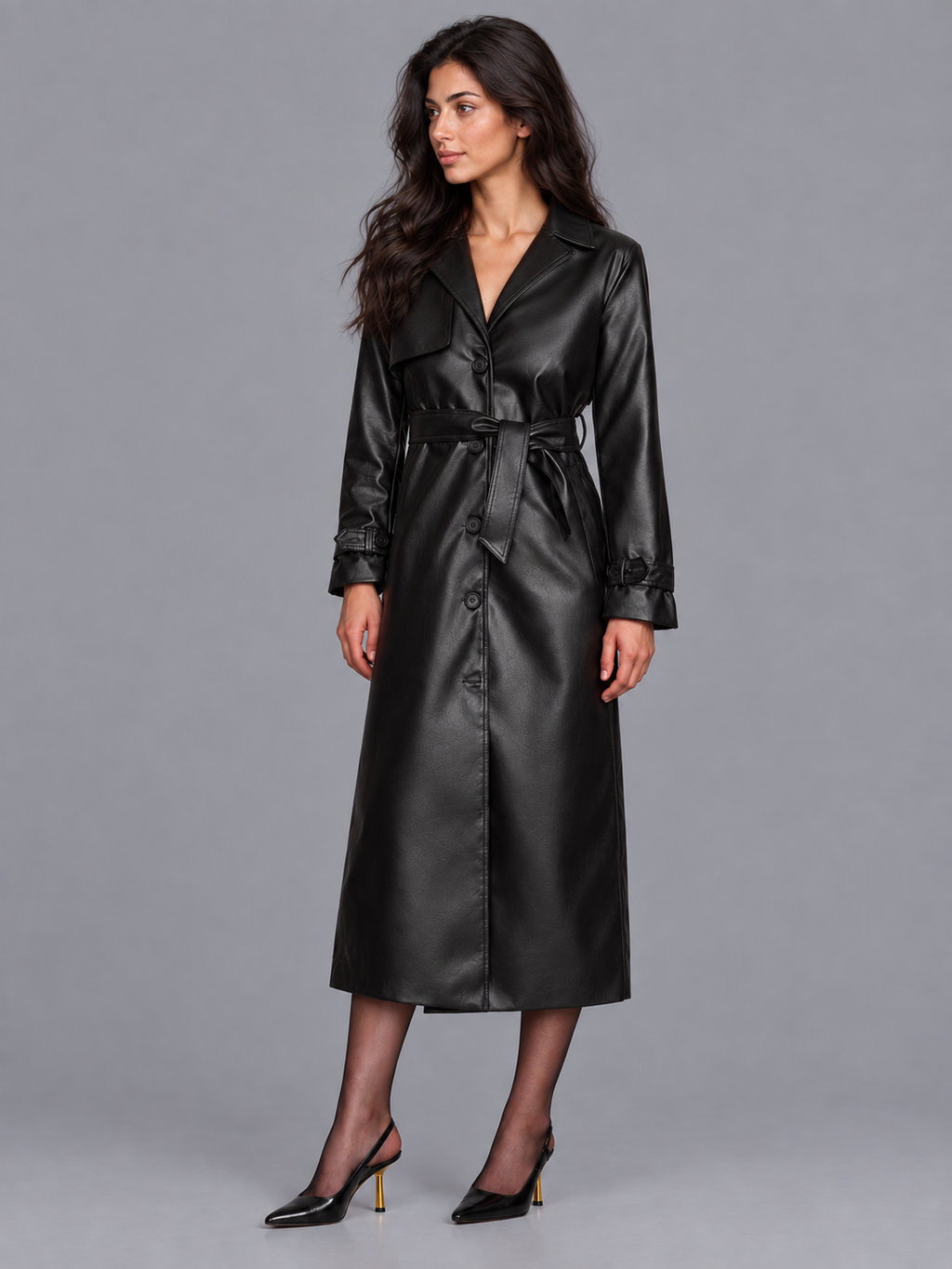 Women's Faux Leather Coat - Belted Midi Button Front Lapel Collar