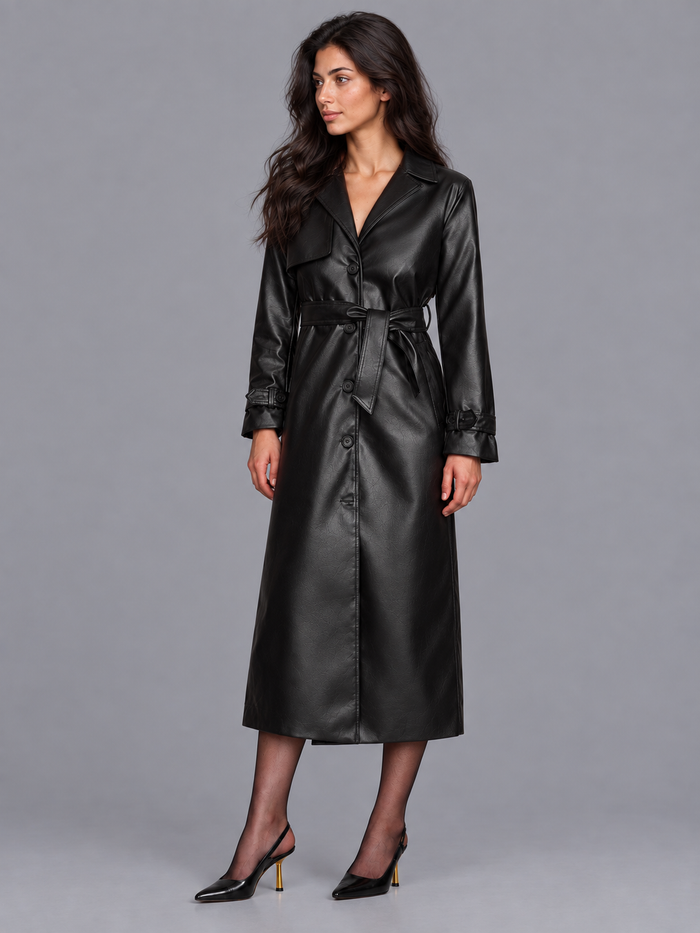 Women's Faux Leather Coat - Belted Midi Button Front Lapel Collar
