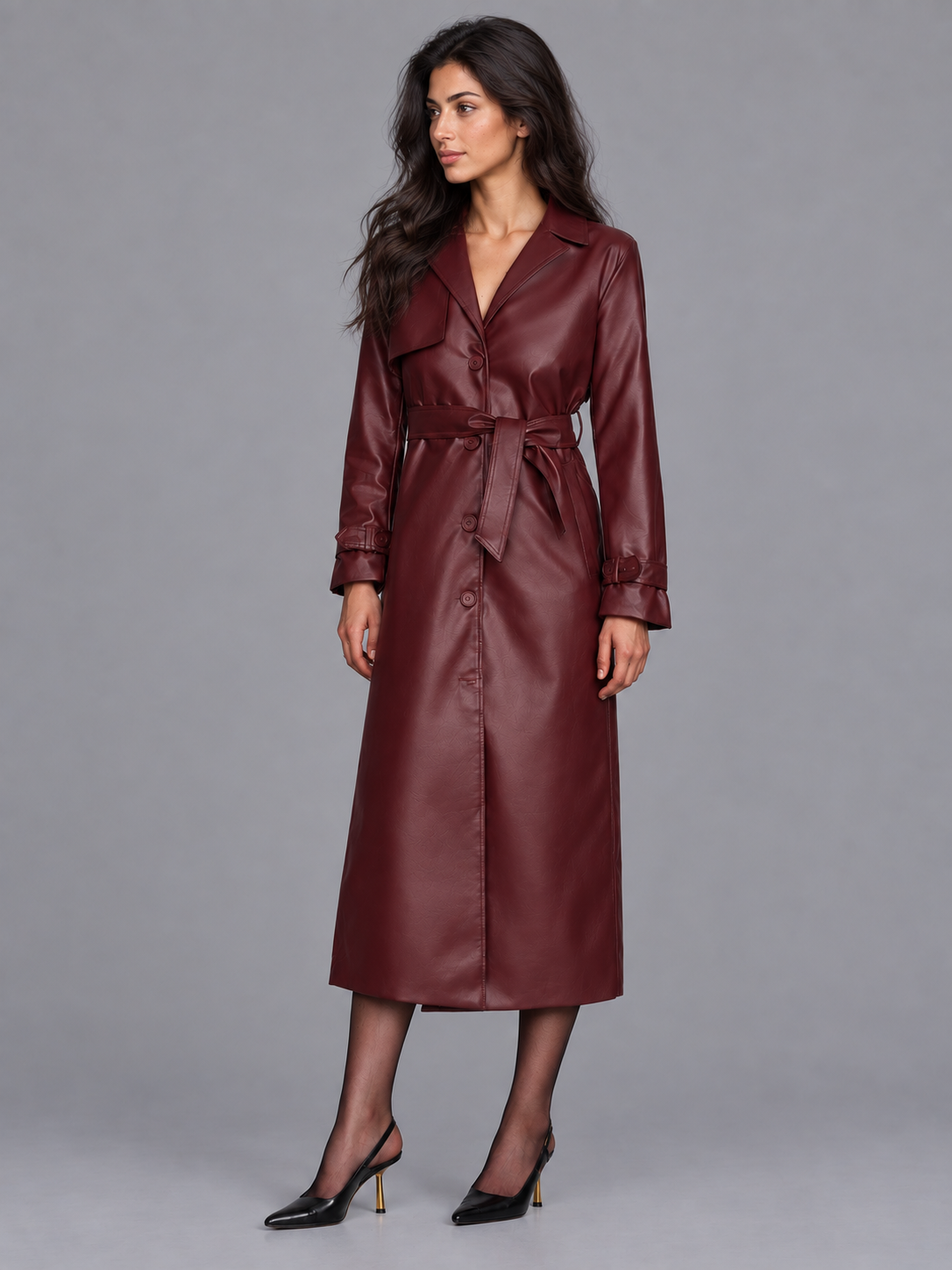 Women's Faux Leather Coat - Belted Midi Button Front Lapel Collar