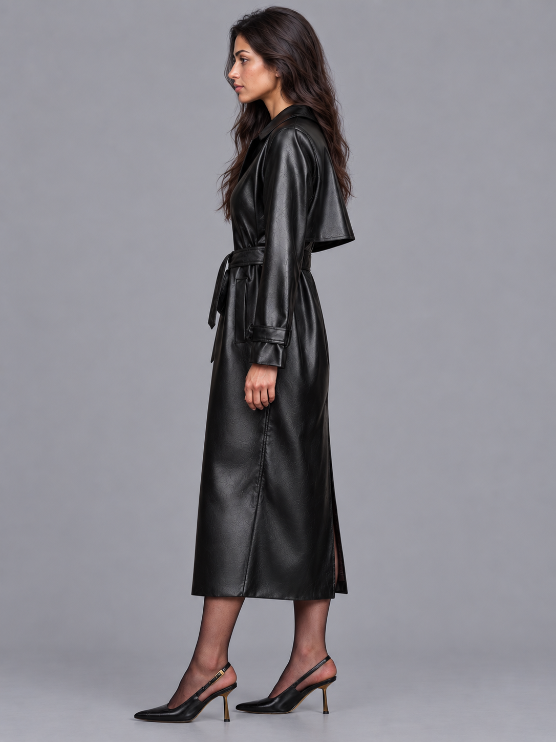 Women's Faux Leather Coat - Belted Midi Button Front Lapel Collar