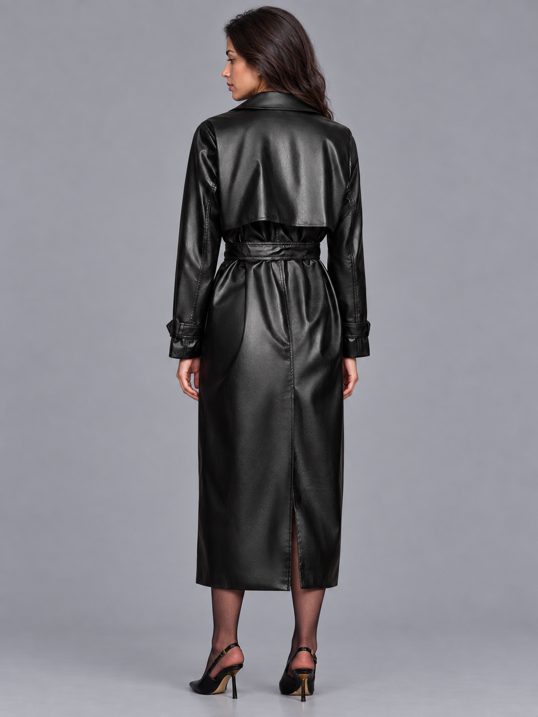 Women's Faux Leather Coat - Belted Midi Button Front Lapel Collar