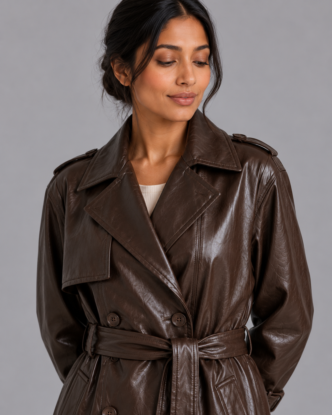 Women's Faux Leather Trench Coat - Long Double Breasted Belted