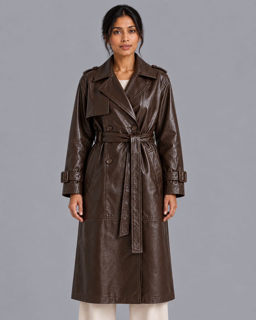 Women's Faux Leather Trench Coat - Long Double Breasted Belted