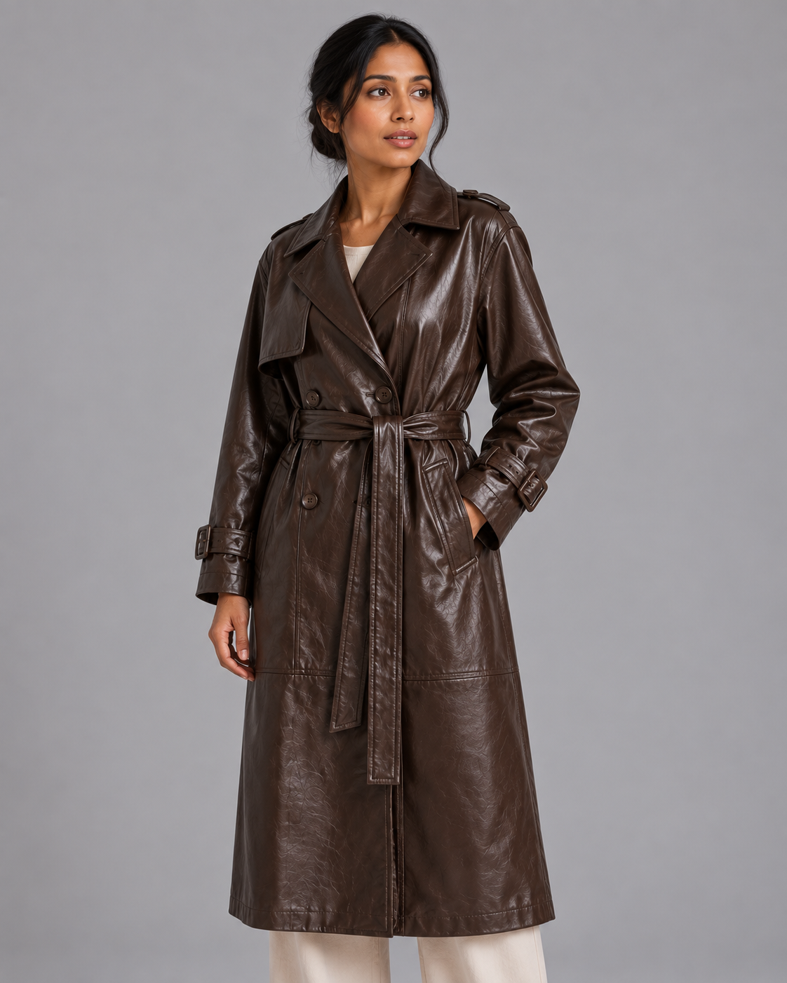 Women's Faux Leather Trench Coat - Long Double Breasted Belted