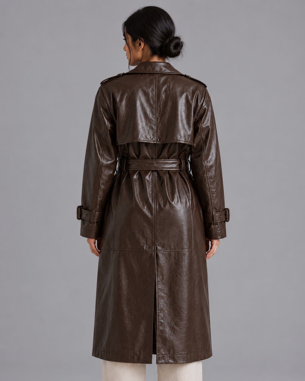 Women's Faux Leather Trench Coat - Long Double Breasted Belted